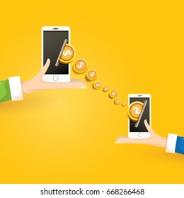 mobile payments vector concept . Flat design style vector illustration of modern smartphone with processing of mobile payments on the screen. Internet banking concept. wireless money transfer.