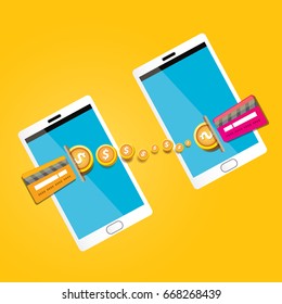 mobile payments vector concept . Flat design style vector illustration of modern smartphone with processing of mobile payments on the screen. Internet banking concept. wireless money transfer.