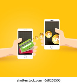 mobile payments vector concept . Flat design style vector illustration of modern smartphone with processing of mobile payments on the screen. Internet banking concept. wireless money transfer.