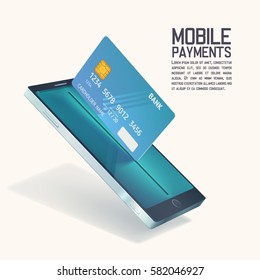 Mobile payments vector concept. Modern smartphone with processing of mobile payments on the screen. Internet banking concept. Wireless money transfer. Vector illustration
