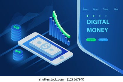 Mobile payments vector concept. Receipt of statistics data, notification on financial transaction, mobile bank. Flat design concept digital marketing, money analyze with graph chart.