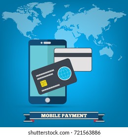 Mobile Payments. Vector illustration of modern smartphone with processing of mobile payments from credit card on the screen.