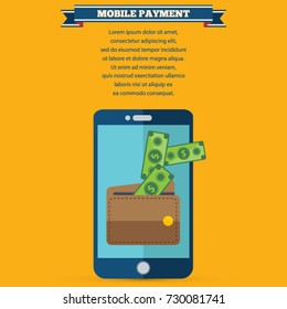 Mobile Payments. Vector illustration of modern smartphone with processing of mobile payments from wallet on the screen.