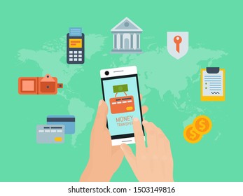 Mobile payments via phone vector illustration. Hands are holding smartphone and making a finance transaction. Online banking