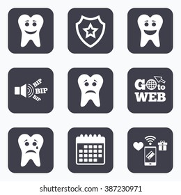 Mobile payments, wifi and calendar icons. Tooth smile face icons. Happy, sad, cry signs. Happy smiley chat symbol. Sadness depression and crying signs. Go to web symbol.