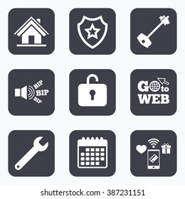 Mobile payments, wifi and calendar icons. Home key icon. Wrench service tool symbol. Locker sign. Main page web navigation. Go to web symbol.