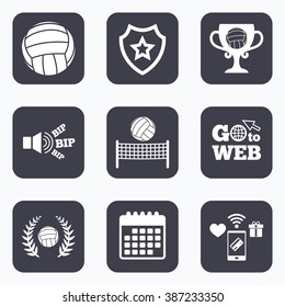 Mobile payments, wifi and calendar icons. Volleyball and net icons. Winner award cup and laurel wreath symbols. Beach sport symbol. Go to web symbol.