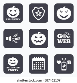 Mobile payments, wifi and calendar icons. Halloween pumpkin icons. Halloween party sign symbol. All Hallows Day celebration. Go to web symbol.