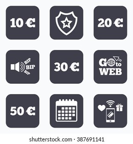 Mobile payments, wifi and calendar icons. Money in Euro icons. 10, 20, 30 and 50 EUR symbols. Money signs Go to web symbol.