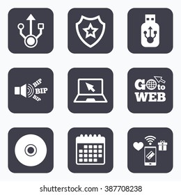Mobile payments, wifi and calendar icons. Usb flash drive icons. Notebook or Laptop pc symbols. CD or DVD sign. Compact disc. Go to web symbol.