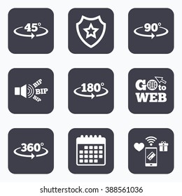 Mobile payments, wifi and calendar icons. Angle 45-360 degrees icons. Geometry math signs symbols. Full complete rotation arrow. Go to web symbol.