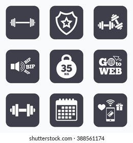Mobile payments, wifi and calendar icons. Dumbbells sign icons. Fitness sport symbols. Gym workout equipment. Go to web symbol.