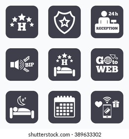 Mobile payments, wifi and calendar icons. Five stars hotel icons. Travel rest place symbols. Human sleep in bed sign. Hotel 24 hours registration or reception. Go to web symbol.
