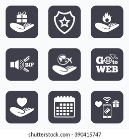 Mobile payments, wifi and calendar icons. Helping hands icons. Health and travel trip insurance symbols. Gift present box sign. Fire protection. Go to web symbol.