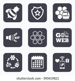 Mobile payments, wifi and calendar icons. Honey icon. Honeycomb cells with bees symbol. Sweet natural food signs. Go to web symbol.