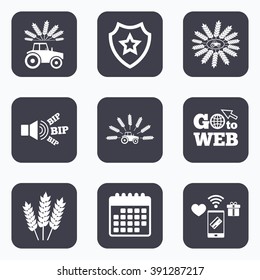 Mobile payments, wifi and calendar icons. Tractor icons. Wreath of Wheat corn signs. Agricultural industry transport symbols. Go to web symbol.