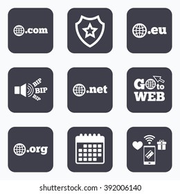 Mobile payments, wifi and calendar icons. Top-level internet domain icons. Com, Eu, Net and Org symbols with globe. Unique DNS names. Go to web symbol.