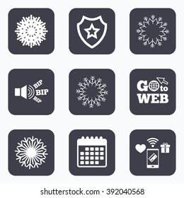 Mobile payments, wifi and calendar icons. Snowflakes artistic icons. Air conditioning signs. Christmas and New year winter symbols. Frozen weather. Go to web symbol.