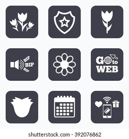 Mobile payments, wifi and calendar icons. Flowers icons. Bouquet of roses symbol. Flower with petals and leaves. Go to web symbol.