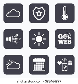 Mobile payments, wifi and calendar icons. Weather icons. Cloud and sun signs. Thermometer temperature symbol. Go to web symbol.