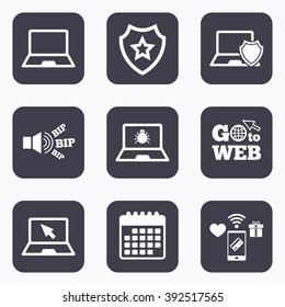 Mobile payments, wifi and calendar icons. Notebook laptop pc icons. Virus or software bug signs. Shield protection symbol. Mouse cursor pointer. Go to web symbol.