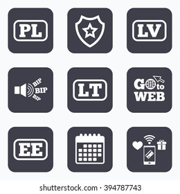 Mobile payments, wifi and calendar icons. Language icons. PL, LV, LT and EE translation symbols. Poland, Latvia, Lithuania and Estonia languages. Go to web symbol.