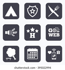 Mobile payments, wifi and calendar icons. Food, hotel, camping tent and tree icons. Knife and fork. Break down tree. Road signs. Go to web symbol.