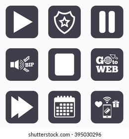 Mobile payments, wifi and calendar icons. Player navigation icons. Play, stop and pause signs. Next song symbol. Go to web symbol.