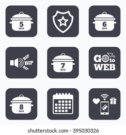 Mobile payments, wifi and calendar icons. Cooking pan icons. Boil 5, 6, 7 and 8 minutes signs. Stew food symbol. Go to web symbol.