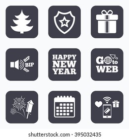 Mobile payments, wifi and calendar icons. Happy new year icon. Christmas tree and gift box signs. Fireworks rocket symbol. Go to web symbol.