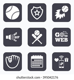 Mobile payments, wifi and calendar icons. Baseball sport icons. Ball with glove and two crosswise bats signs. Fireball symbol. Go to web symbol.