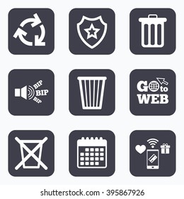 Mobile payments, wifi and calendar icons. Recycle bin icons. Reuse or reduce symbols. Trash can and recycling signs. Go to web symbol.