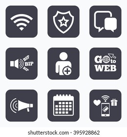 Mobile payments, wifi and calendar icons. Wifi and chat bubbles icons. Add user and megaphone loudspeaker symbols. Communication signs. Go to web symbol.
