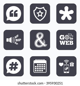 Mobile payments, wifi and calendar icons. Quote, asterisk footnote icons. Hashtag social media and ampersand symbols. Programming logical operator AND sign. Speech bubble. Go to web symbol.