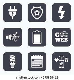 Mobile payments, wifi and calendar icons. Electric plug icon. Fluorescent lamp and battery symbols. Low electricity and idea signs. Go to web symbol.