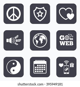 Mobile payments, wifi and calendar icons. World globe icon. Ying yang sign. Hearts love sign. Peace hope. Harmony and balance symbol. Go to web symbol.
