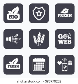 Mobile payments, wifi and calendar icons. Natural fresh Bio food icons. Gluten free agricultural sign symbol. Go to web symbol.