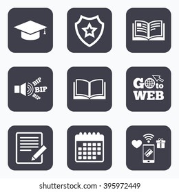 Mobile payments, wifi and calendar icons. Pencil with document and open book icons. Graduation cap symbol. Higher education learn signs. Go to web symbol.