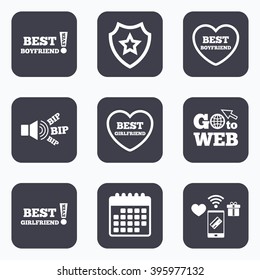 Mobile payments, wifi and calendar icons. Best boyfriend and girlfriend icons. Heart love signs. Awards with exclamation symbol. Go to web symbol.