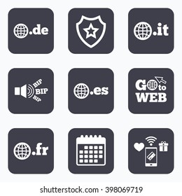 Mobile payments, wifi and calendar icons. Top-level internet domain icons. De, It, Es and Fr symbols with globe. Unique national DNS names. Go to web symbol.