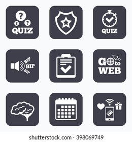 Mobile payments, wifi and calendar icons. Quiz icons. Human brain think. Checklist and stopwatch timer symbol. Survey poll or questionnaire feedback form sign. Go to web symbol.