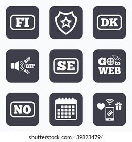 Mobile payments, wifi and calendar icons. Language icons. FI, DK, SE and NO translation symbols. Finland, Denmark, Sweden and Norwegian languages. Go to web symbol.