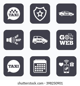 Mobile payments, wifi and calendar icons. Public transport icons. Taxi speech bubble signs. Car transport symbol. Go to web symbol.