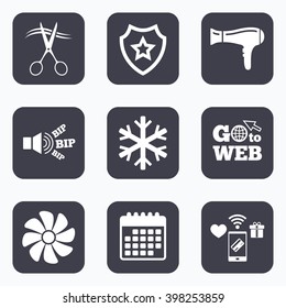 Mobile payments, wifi and calendar icons. Hotel services icons. Air conditioning, Hairdryer and Ventilation in room signs. Climate control. Hairdresser or barbershop symbol. Go to web symbol.