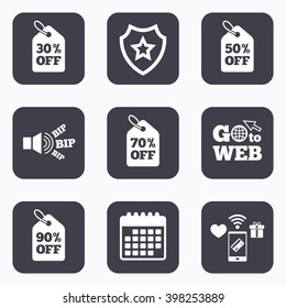 Mobile payments, wifi and calendar icons. Sale price tag icons. Discount special offer symbols. 30%, 50%, 70% and 90% percent off signs. Go to web symbol.