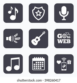 Mobile payments, wifi and calendar icons. Music icons. Microphone karaoke symbol. Music notes and acoustic guitar signs. Go to web symbol.