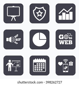 Mobile payments, wifi and calendar icons. Diagram graph Pie chart icon. Presentation billboard symbol. Man standing with pointer sign. Go to web symbol.