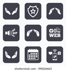 Mobile payments, wifi and calendar icons. Hands icons. Insurance protection signs. Human helping donation hands. Prayer meditation hands sybmols. Go to web symbol.