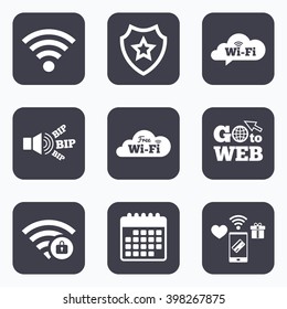 Mobile payments, wifi and calendar icons. Free Wifi Wireless Network cloud speech bubble icons. Wi-fi zone locked symbols. Password protected Wi-fi sign. Go to web symbol.