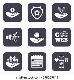 Mobile payments, wifi and calendar icons. Helping hands icons. Financial money savings, family life insurance symbols. Diamond brilliant sign. Fire protection. Go to web symbol.